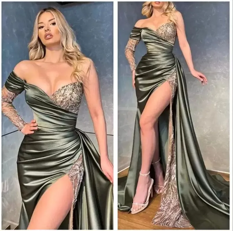 

Elegant Satin Prom Dresses Long Sleeves Sequin Lace One Shoulder High Split Formal Party Evening Gownsing Gowns Vestido De Novia