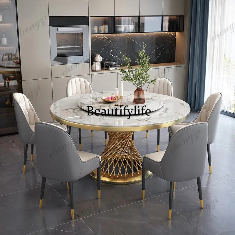 Juego de comedor de lujo con mesa redonda de mármol y 6 sillas modernas, mesa de comedor, sillas, muebles, base de acero inoxidable dorada.