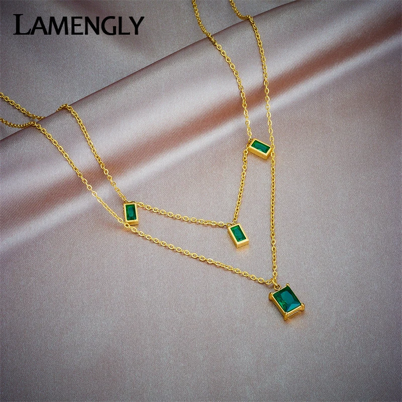 LAMENGLY 316L Stainless Steel Square Green Zircon Crystal Pendant Necklace For Women Girl New Trend Choker Chain Jewelry Gift