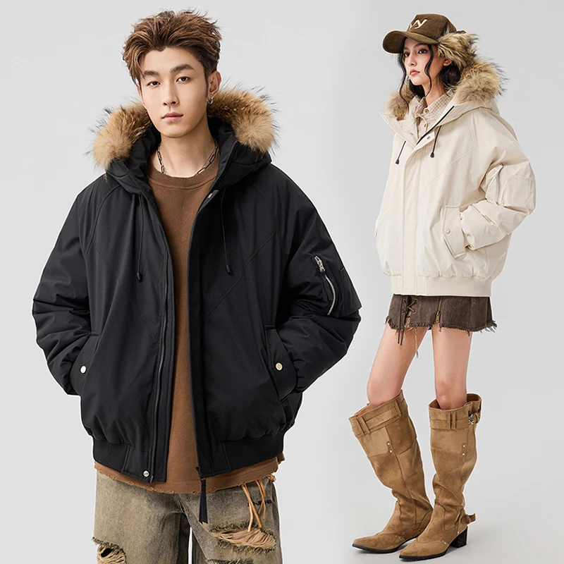 

Пуховик-карго со съемным меховым воротником и капюшоном для мужчин и женщин, зимняя утепленная теплая свободная повседневная куртка-бомбер, пальто, верхняя одежда унисекс