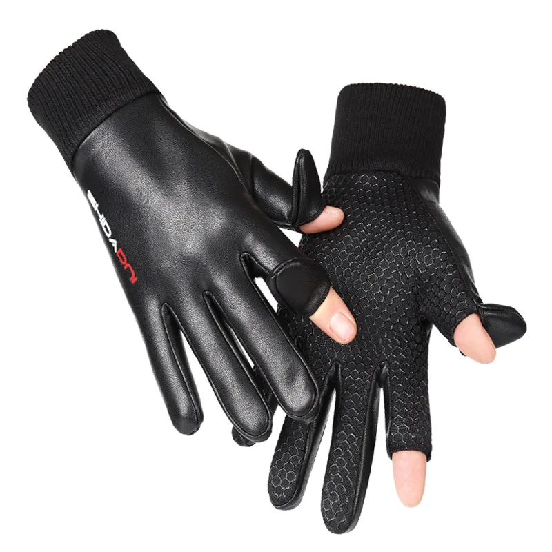 

Winter Men Women Clamshell Exposed Finger PU Leather Glove Knit Wrist Outdoor Sport Riding Driving Fishing Warm Mitten O70