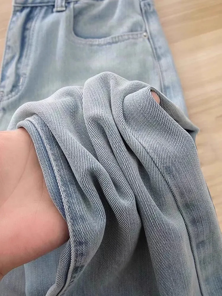 

Light Blue Wide Leg Denim Jeans Women Summer Large Size Thin Loose Straight Silk Pants Drapey Cool Feeling Thin Denim Trousers