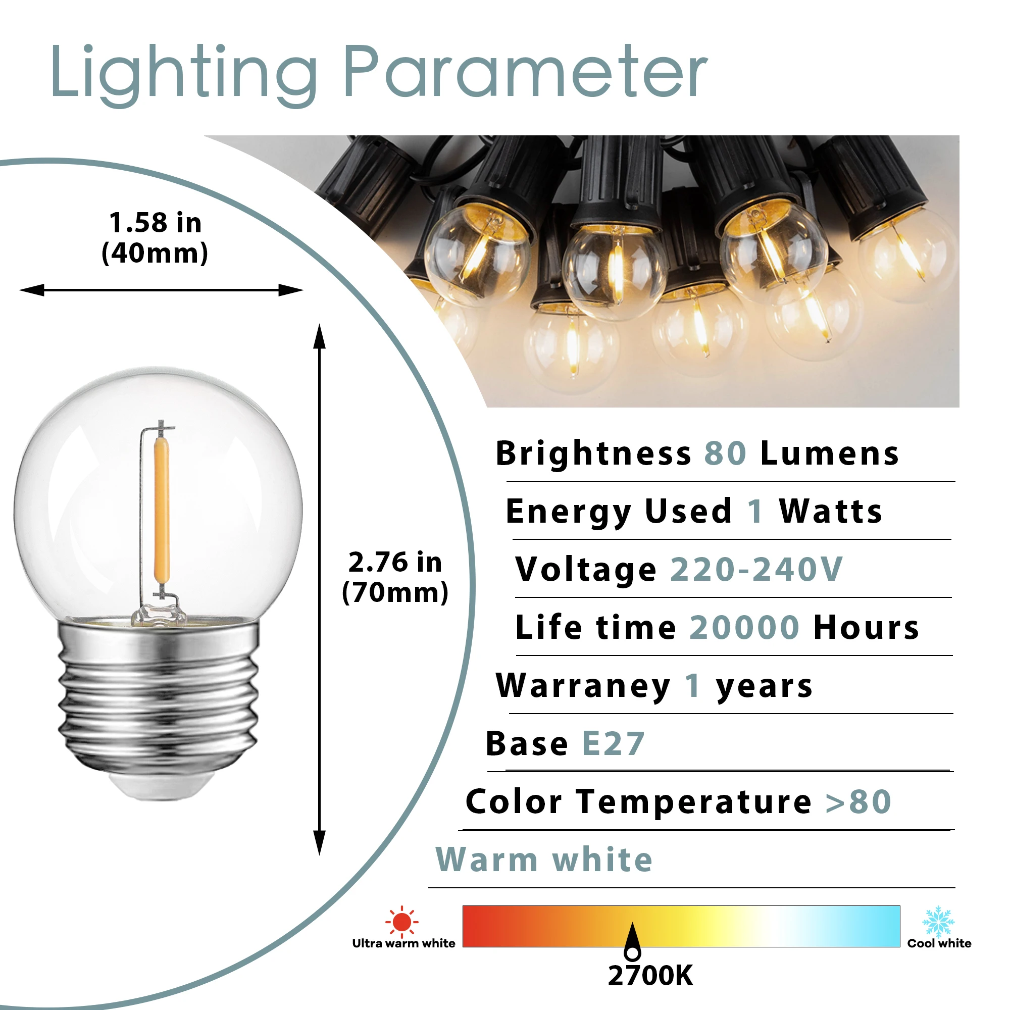 Imagem -02 - Vintage Led Edison Lâmpada para Luzes de Corda G40 1w Regulável Baixa Potência E27 220v 2700k Igual 11w Vintage 15 Pcs