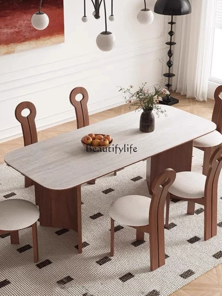 

Nordic solid wood dining table rectangular walnut color light luxury matte ash wood slate