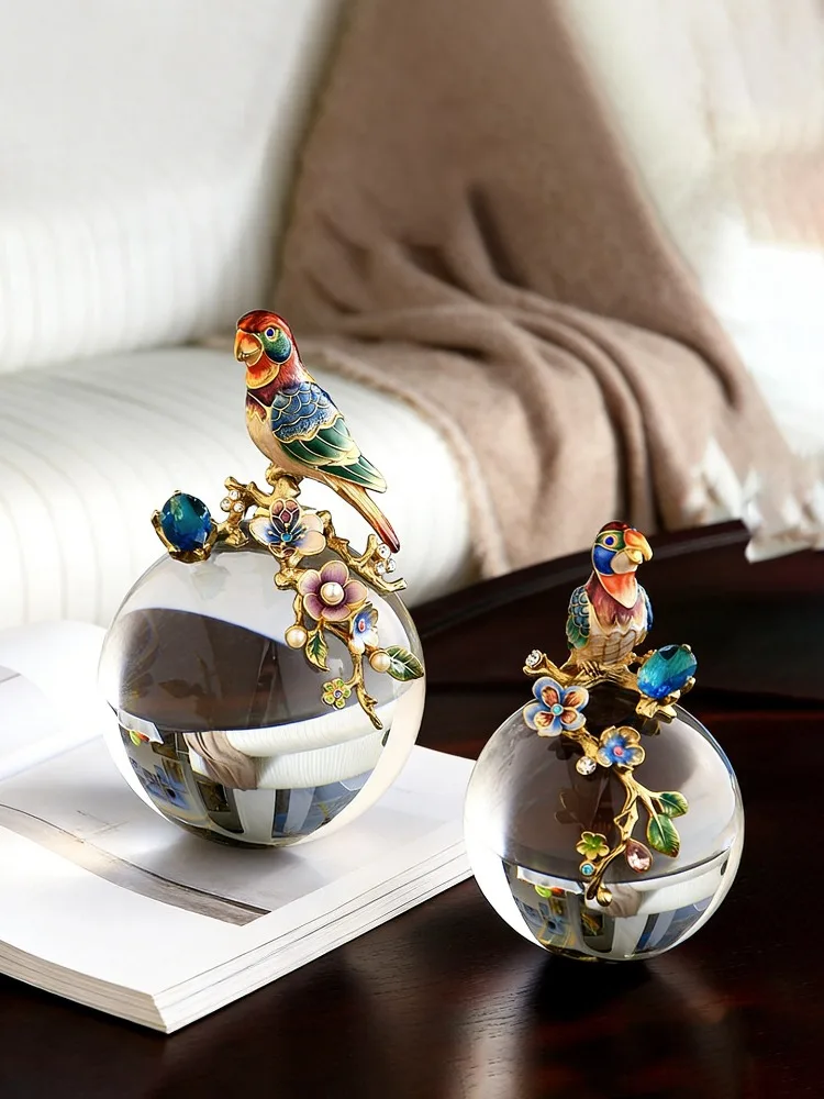Luxury Parrot Crystal Ball Art Statuette Ornament,Modern Living Room Enamel Color TV Cabinet,Foyer Desktop Decoration,Gift