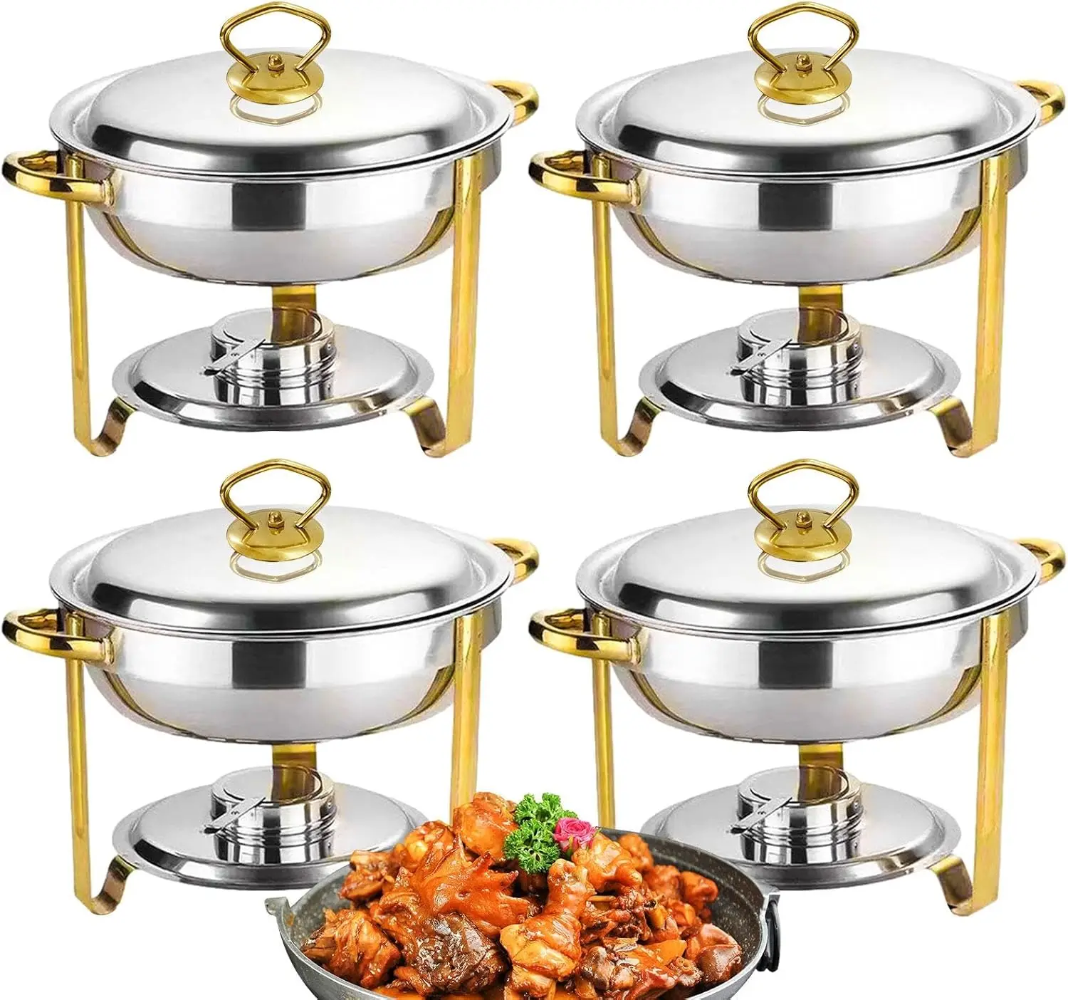 4.8 Qt Buffet Hot Pot Set With Stainless Steel Lid,4-Pack Round Hot Pot And Buffet Warmer Set For Catering Food Warmer, Hotel