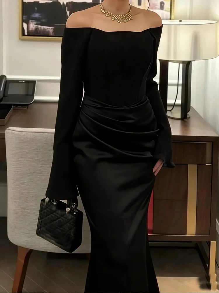 فستان سهرة أنيق جديد للربيع والصيف بخصر مرتفع وتصميم ملفوف حول الورك، فستان سهرة مثير بكتف واحد مع طيات، فستان حفلات أنيق بلون موحد من الساتان