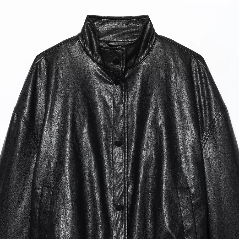 Veste de pilote en faux cuir PU pour femme, ample, col haut, manches longues, décontractée, polyvalente, nouvelle collection automne et hiver