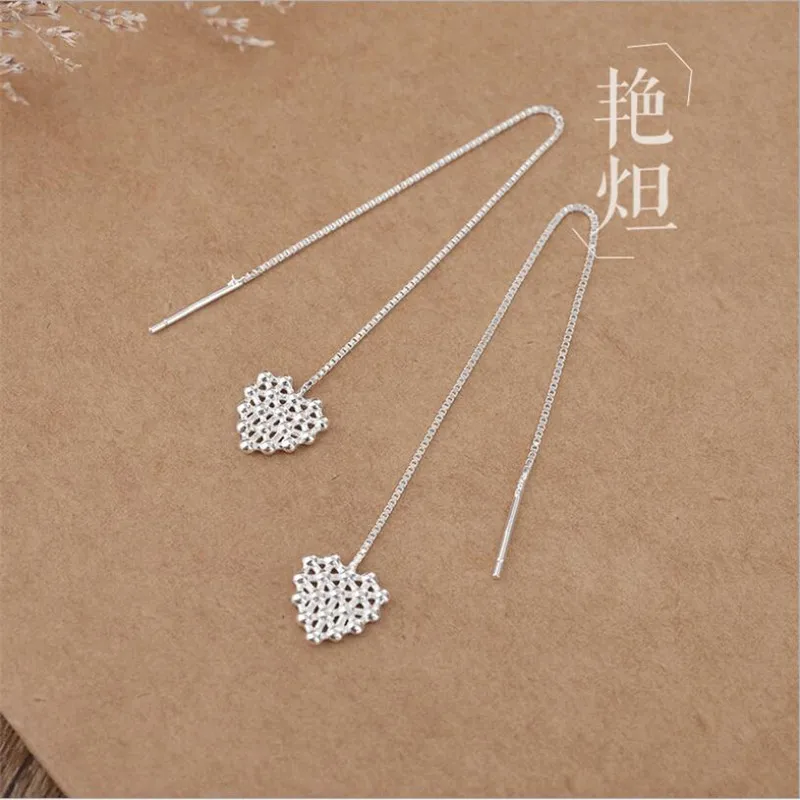 New Temperament Love Ear Line Simple Heart Shaped 925 Sterling Silver Jewelry Hollow Exquisite Long Dangle Earrings  E182