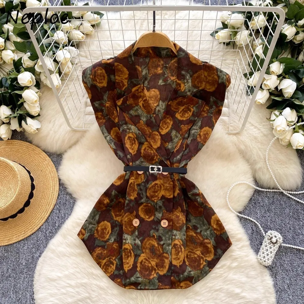 

Neploe Light Ripe Wind Belt Slim Waist Vintage Shirts Sleeveless Advanced Summer Crop Top Unique All-match Print Trendy Blouses