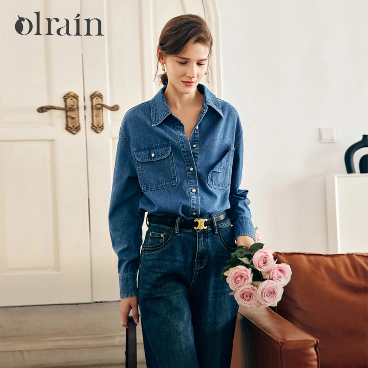 

OLrain Women Shirts 2025 Spring Summer French Long Sleeve Denim Shirt Vintage Loose Pocket Turn-down Neck Ladies Tops N56QC68109