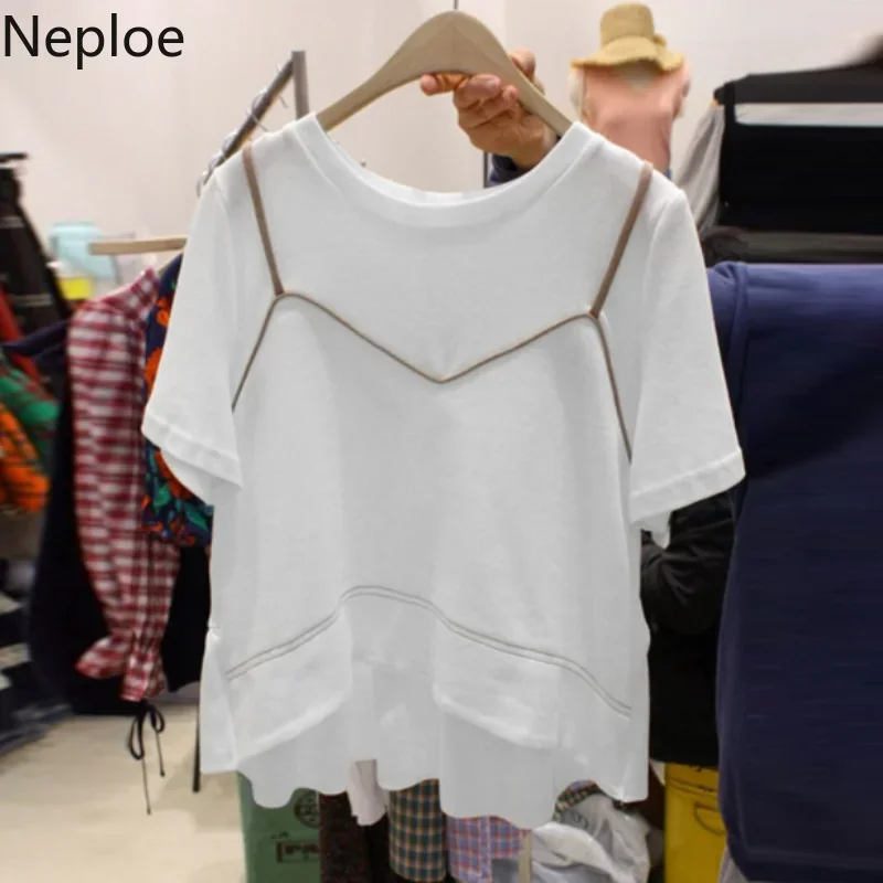 Neploe Fake Two Piece Women Tops New Arrival O-Neck Short Sleeve Tees Loose Cotton Irregualr Length T Shirts 43644