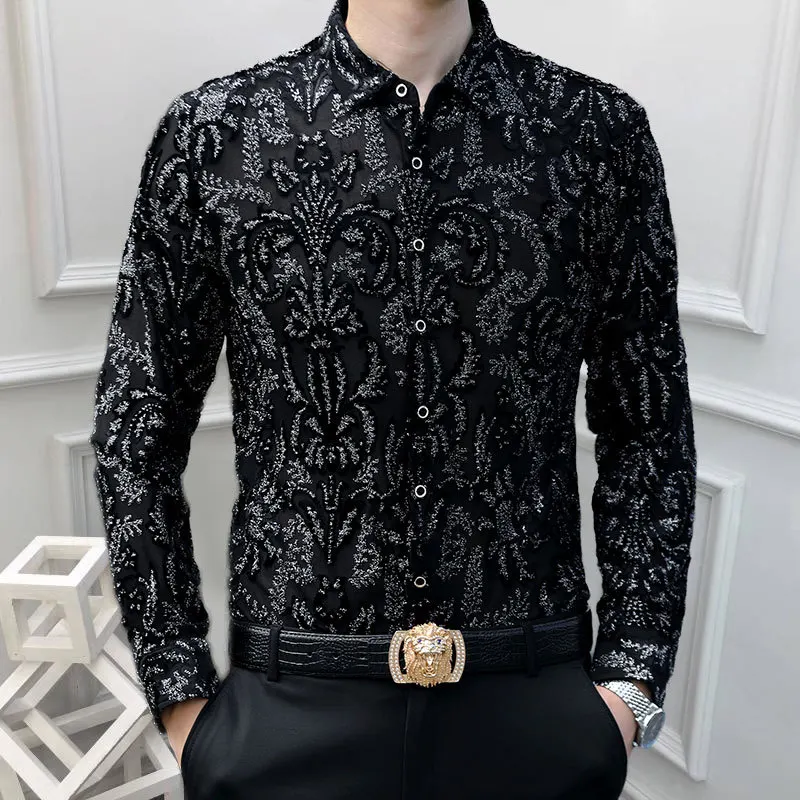 Black Gold Palace vintage print Long Sleeve Slim Sexy Transparent Shirt Men 2023 Camisa Hombre Shirt Club Party Chemise Homme