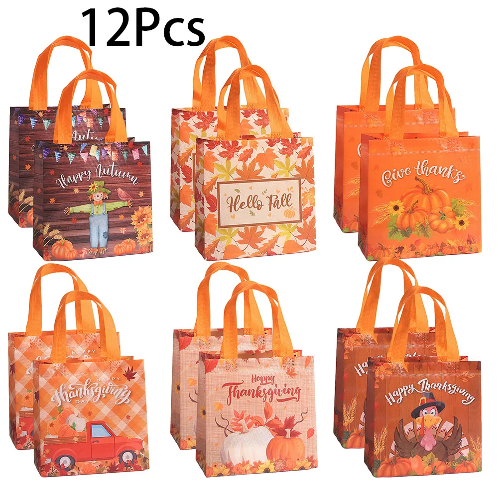 12 Uds. Bolsa de embalaje de regalo no tejida con dibujos de pavo, calabaza, hoja de arce, bolsa de compras para decoración de fiesta temática de Acción de Gracias de otoño