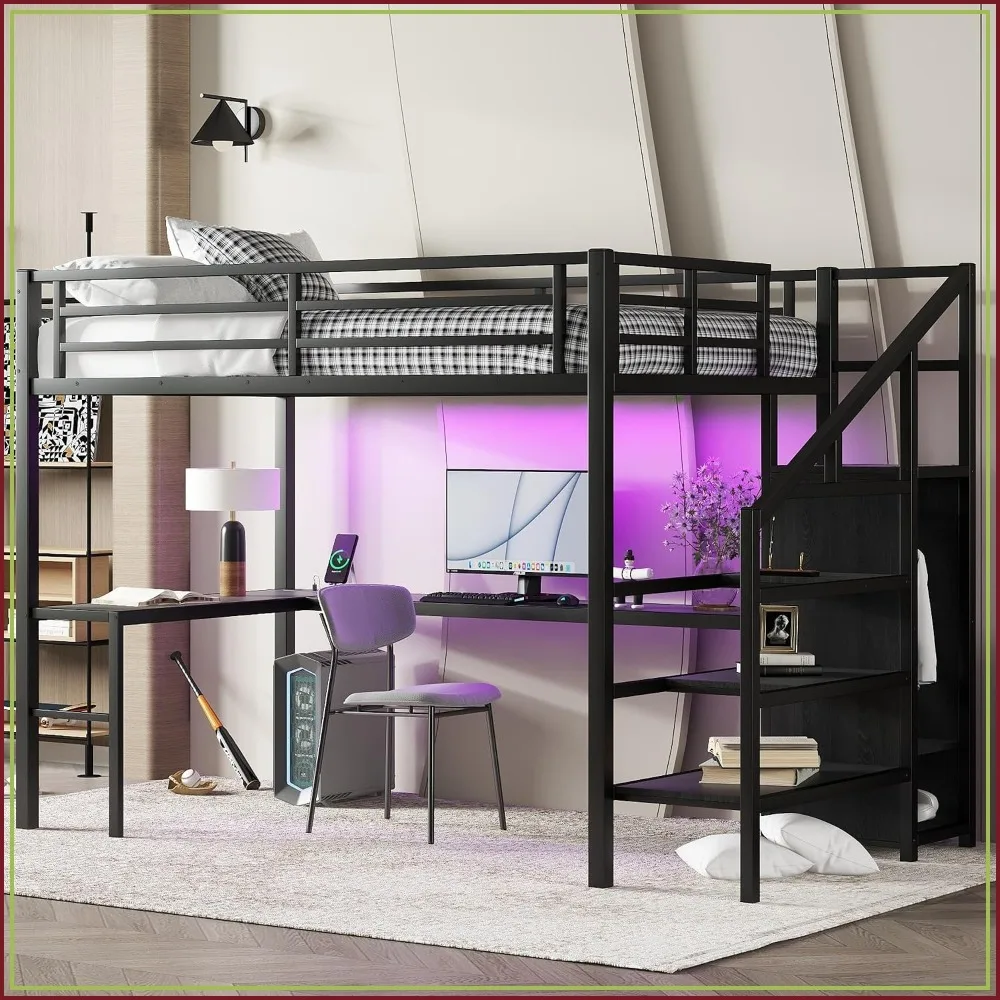 Full Size Metal Loft Bed with Desk Wardrobe Storage Stairs LED Lights Charging Station Black