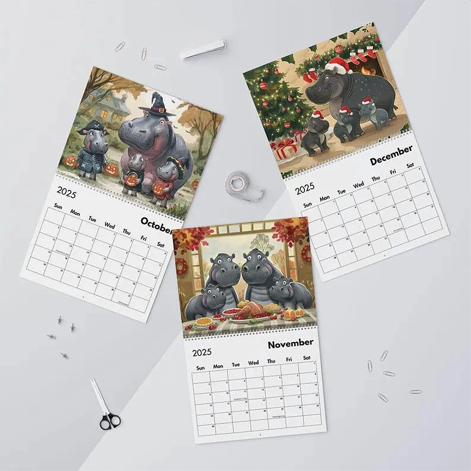 Whimsical Hippos Calendar 2025 12 Months Wire-Binding Wall Calendars for Home and Office Organization