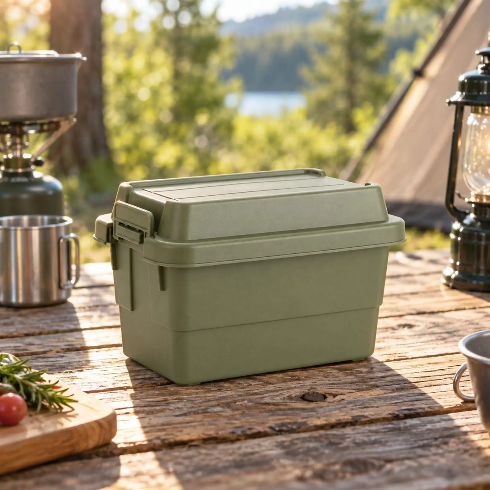 Stackable Plastic Storage Container with Locking Hinged Lid for Camping Supplies and Kitchen Pantry