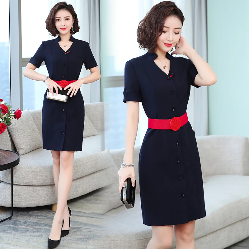 Summer New Professional Uniform V Neck Dress Slim Beautician Short Sleeve Work Clothes French Design Stewardess Interview Robe