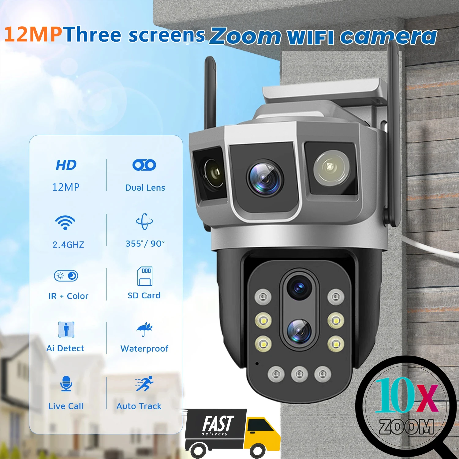 WiFi IP Camera 10X Zoom 12MP 6K Dual Lens Triple Screens Smart Network Wireless Monitor V380 Security Protection CCTV Home Cam