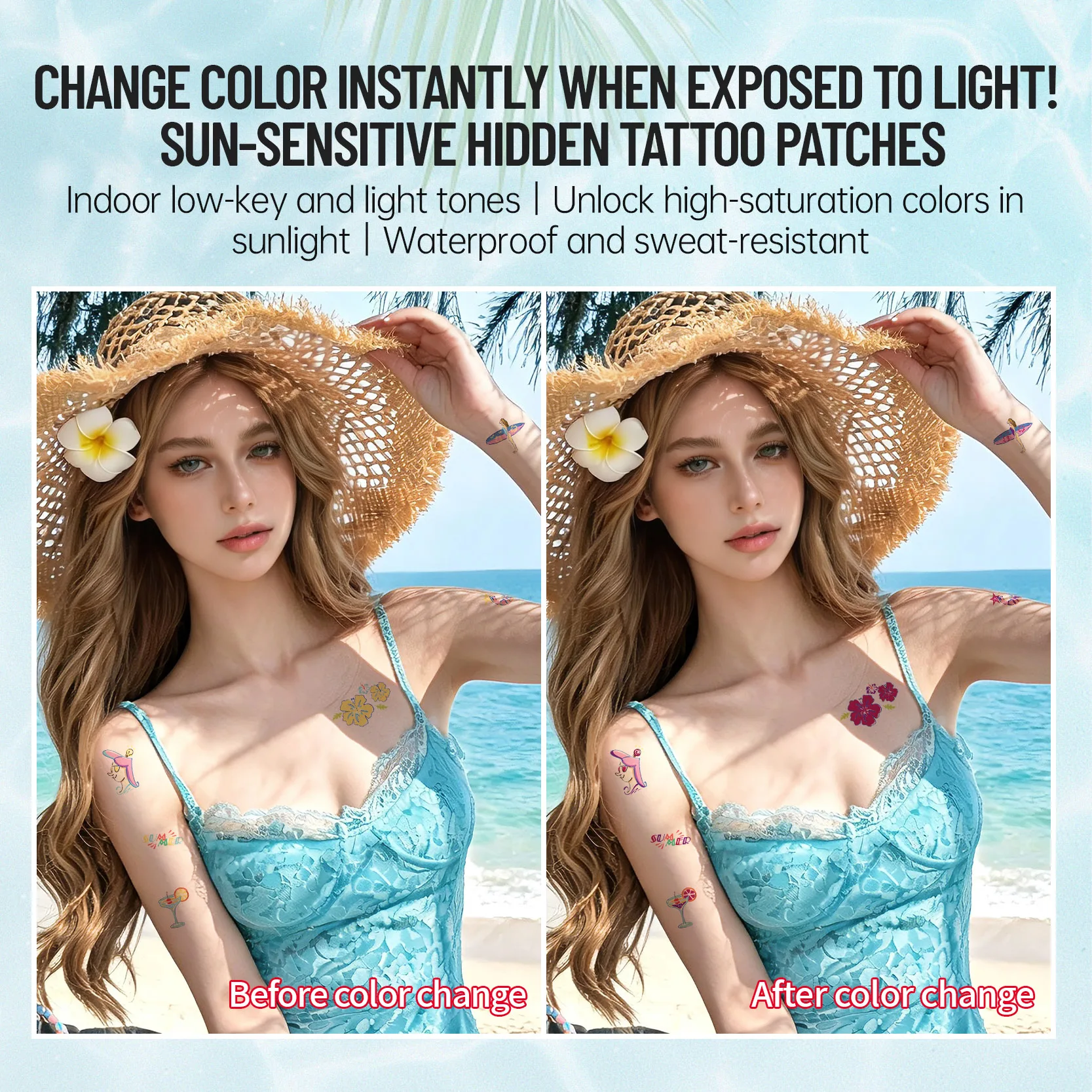 18 Sheets UV Color Changing Temporary Tattoos Sunlight Reactive Waterproof Body Stickers UV Reminder for Beach Summer Travel