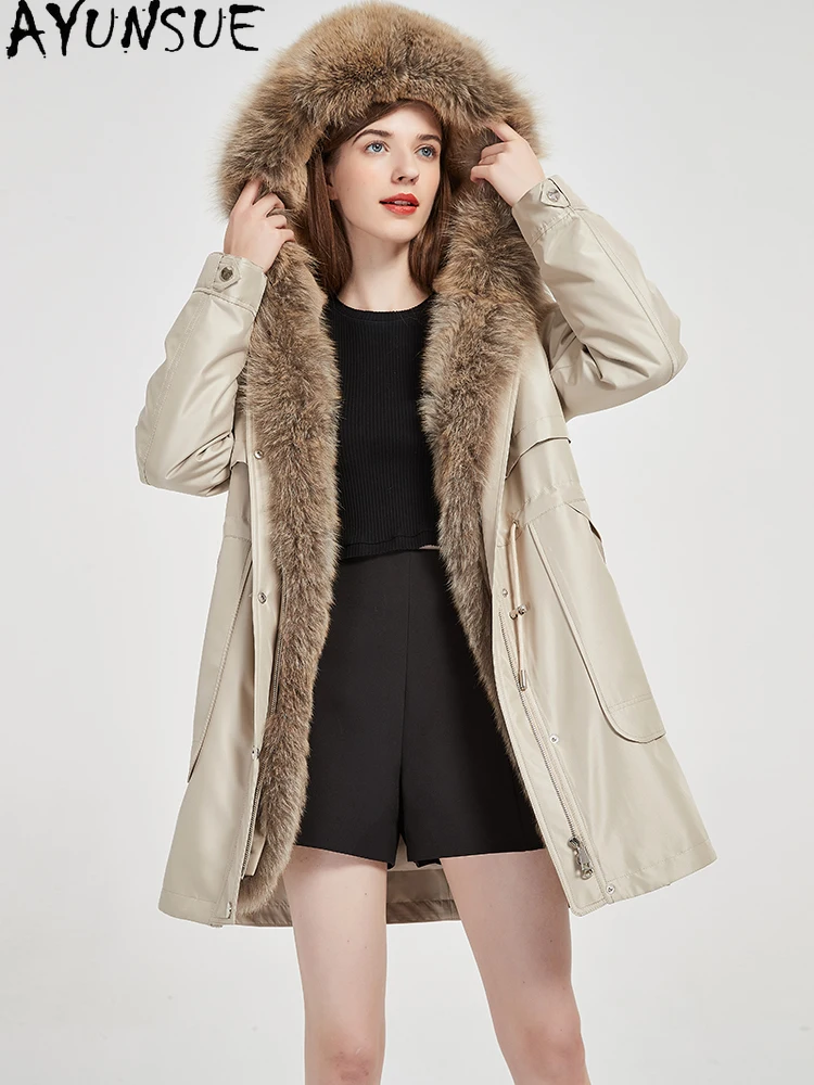 AYUNSUE Parka en vraie fourrure pour femme, doublure de lapin Rex, vêtements d'hiver détachables, Trench-Coat mi-long, col chaud en fourrure de renard, Шу onder