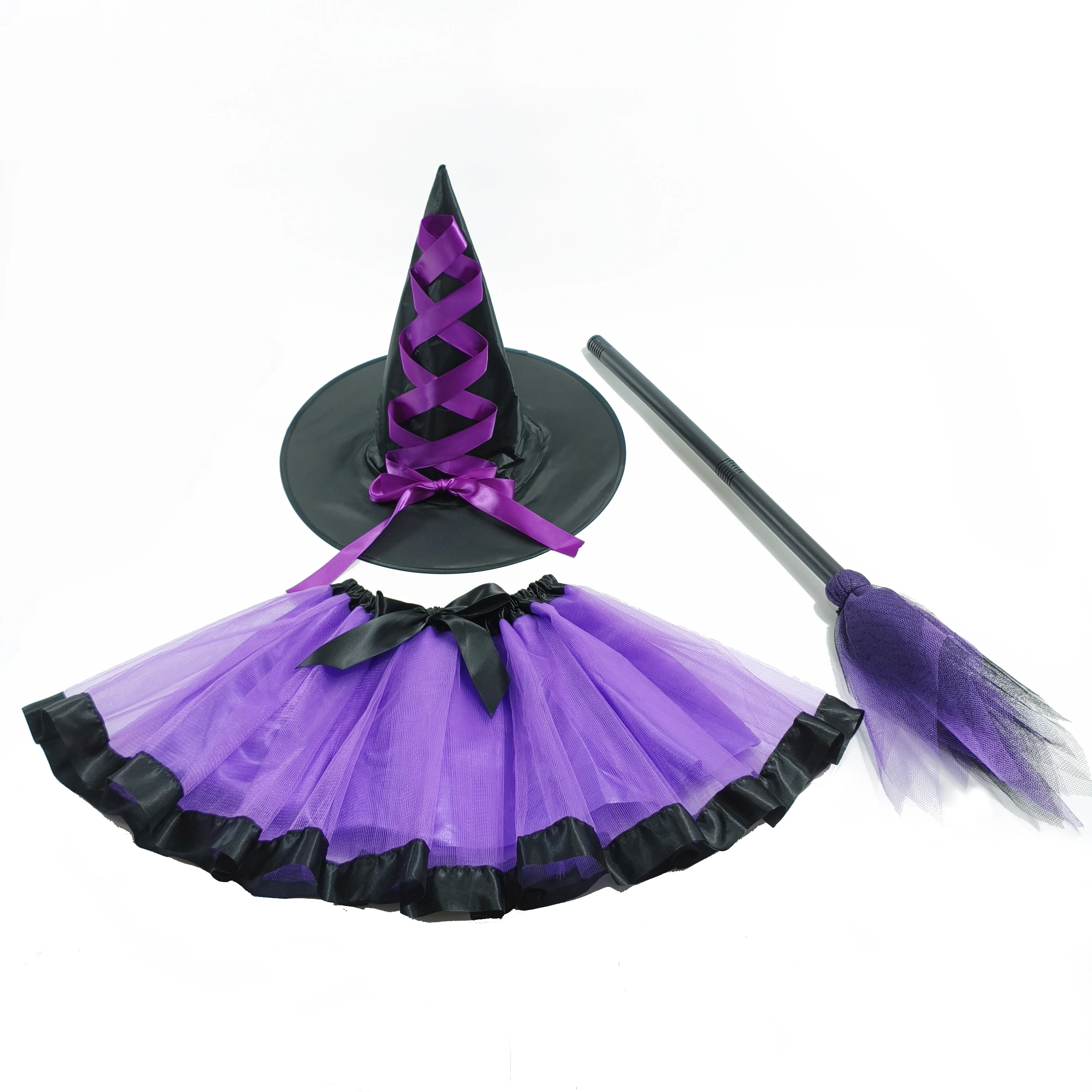 Kid's Purple Witch Costume Set: A Magical Trio. This Adorable Set Includes a Pointed Hat with Purple Ribbons and a Purple Tutu S