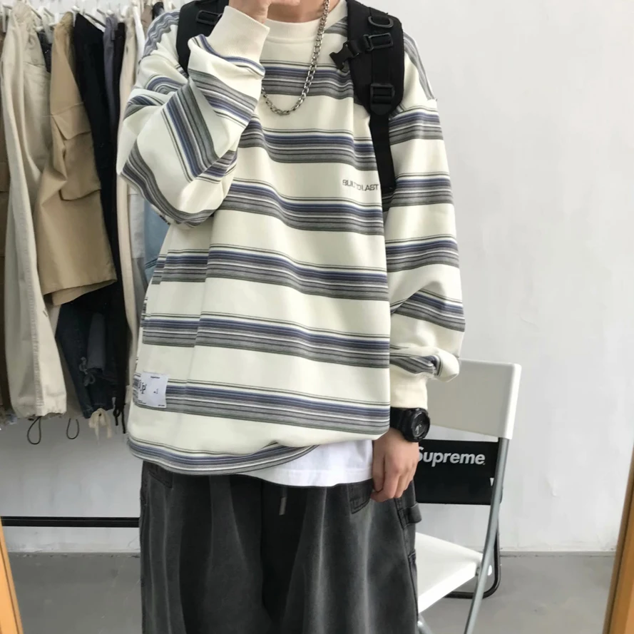 American Style Cityboy Striped Long Sleeve T-Shirt Lazy Style Loose Fit Men's Sweatshirt Base Shirt Casual Youth Fashion