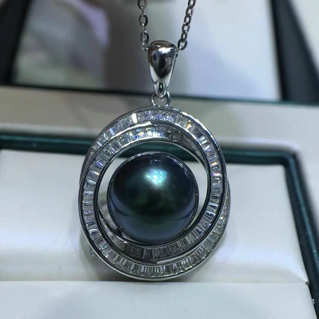 

Stunning 10-11mm Tahitianr Ound Black Green Pearl Pendant 925s