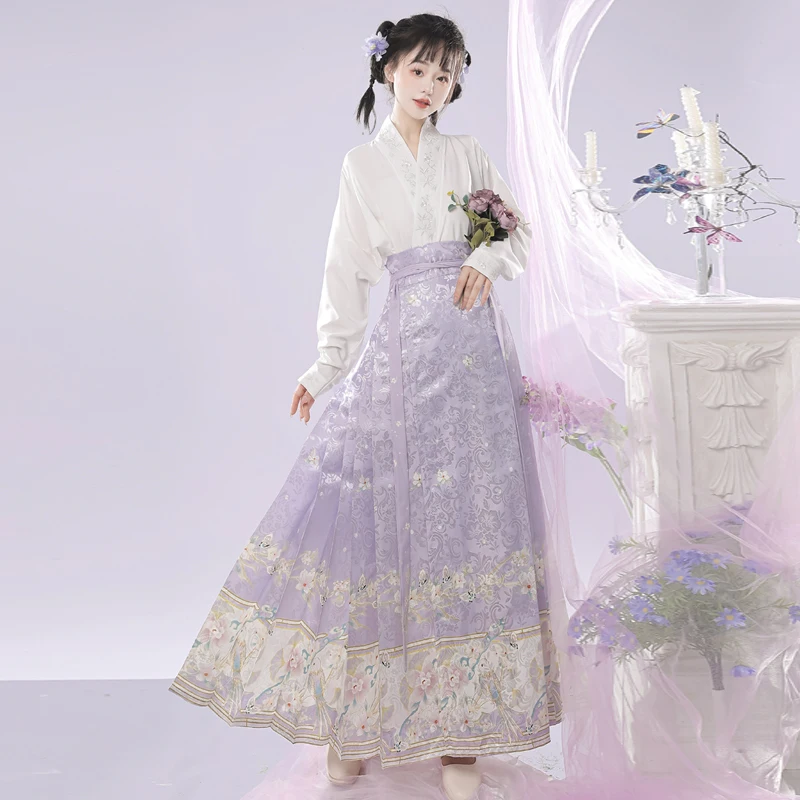 WATER Purple Modern Hanfu Women\'s Horse Face Skirt Top Suit Mamianqun Daily Wear Chinese Dresses Traditional Ming Dynasty Style