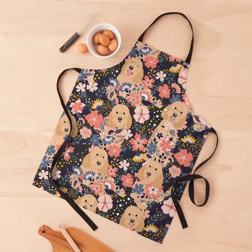 

Apricot Goldendoodle Garden - Black Background Apron Nursing Restaurant Kitchen Equipment Funny Cooking Apron