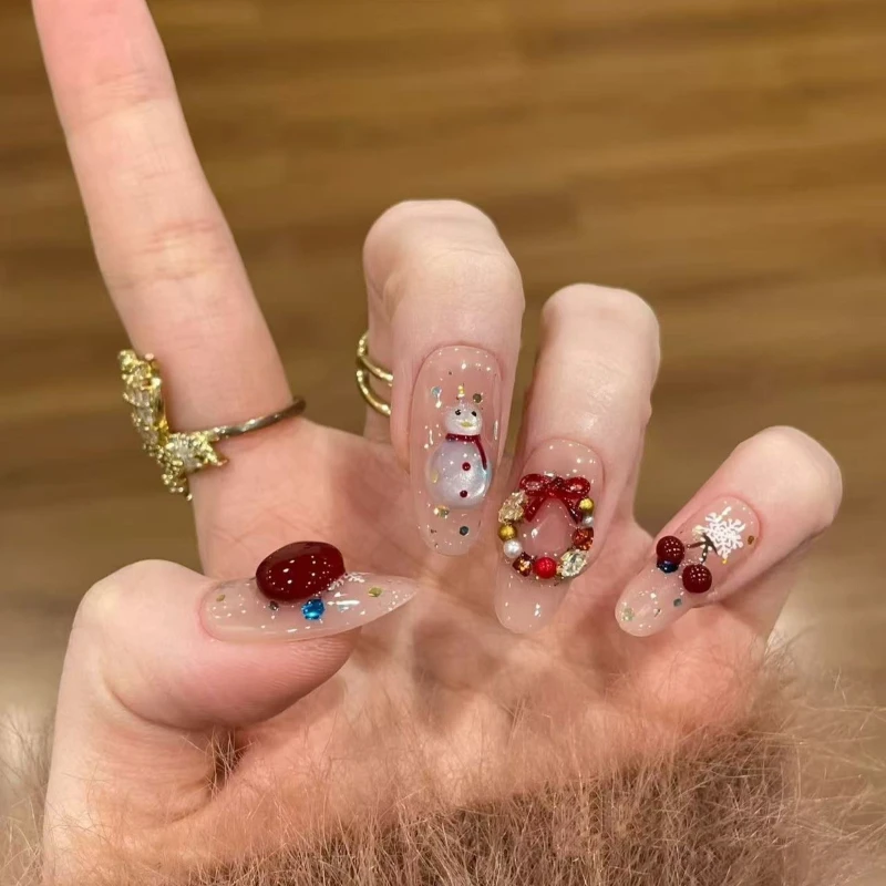 10 stuks Kerst Amandel Druk op Nagels met 3D Apple Sneeuwpop Plaid Cherry Decor Leuke Nep Nagel voor Meisjes & Kind vakantie Nail Art