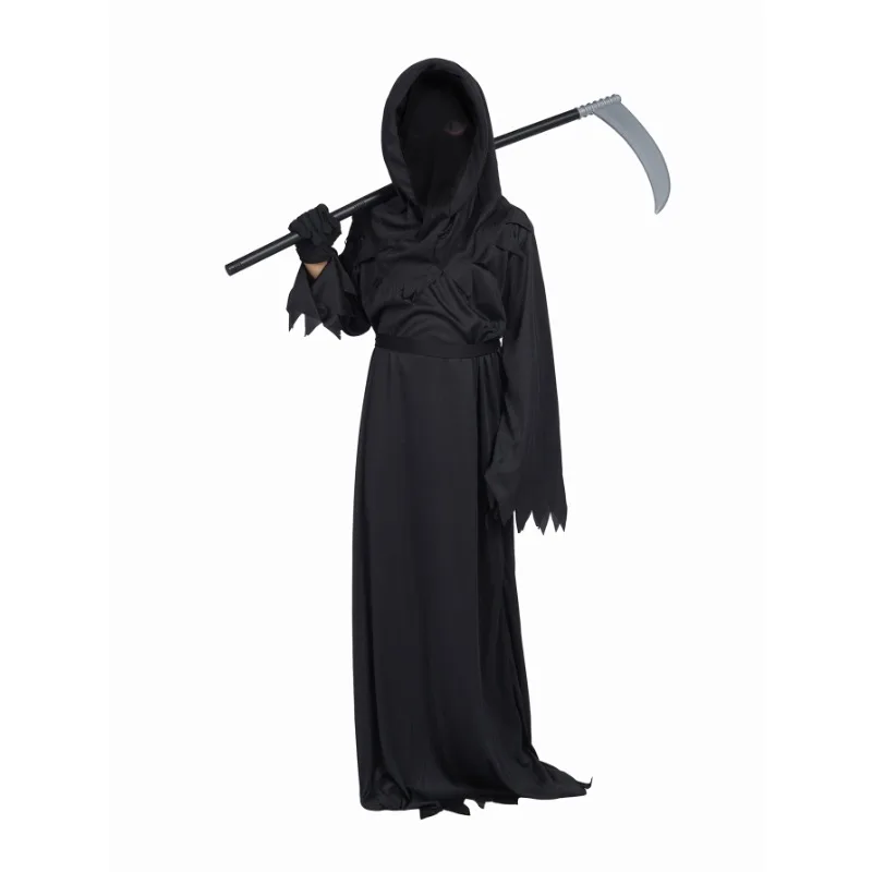 Halloween Grim Reaper Horror Costume Black Hooded Spooky Ghost Robe Dress Up Costume Adult Cosplay Mask Scythe Prop Party