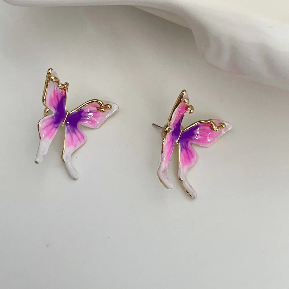 New Year Pink Purple Gradient Enamel Glaze Sweet Butterfly Earrings Niche High-end Light Luxury Bohemia Style Jewelry for Women