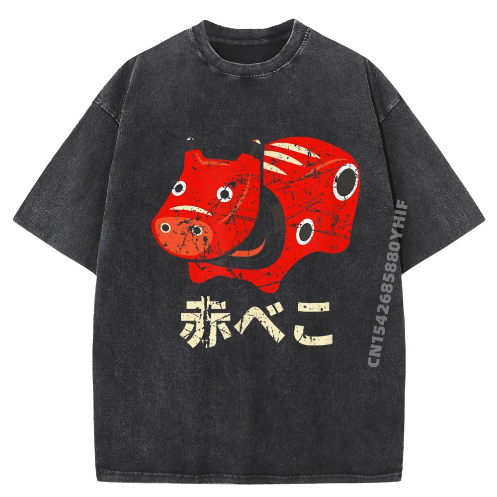 

Japan Akabeko Legendary Cow From Aizu Fukushima Souvenir Toy Designer T Shirt Men's Clothing Figures Washed Shirt Japan Style