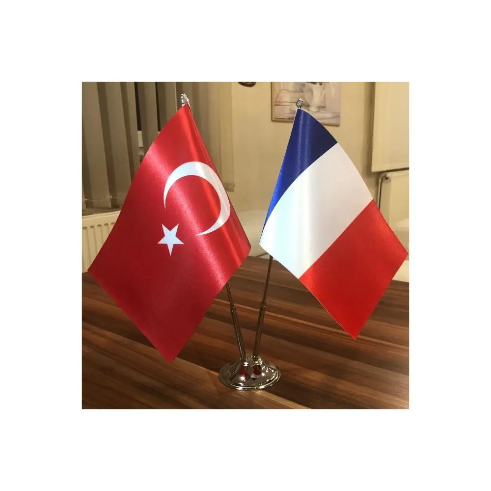 France-Turkey Table Flag Chrome Post Dual Bayrak Made in Turkey, 2 li Flag, Table Decor, kaliteşi Material Office Gift