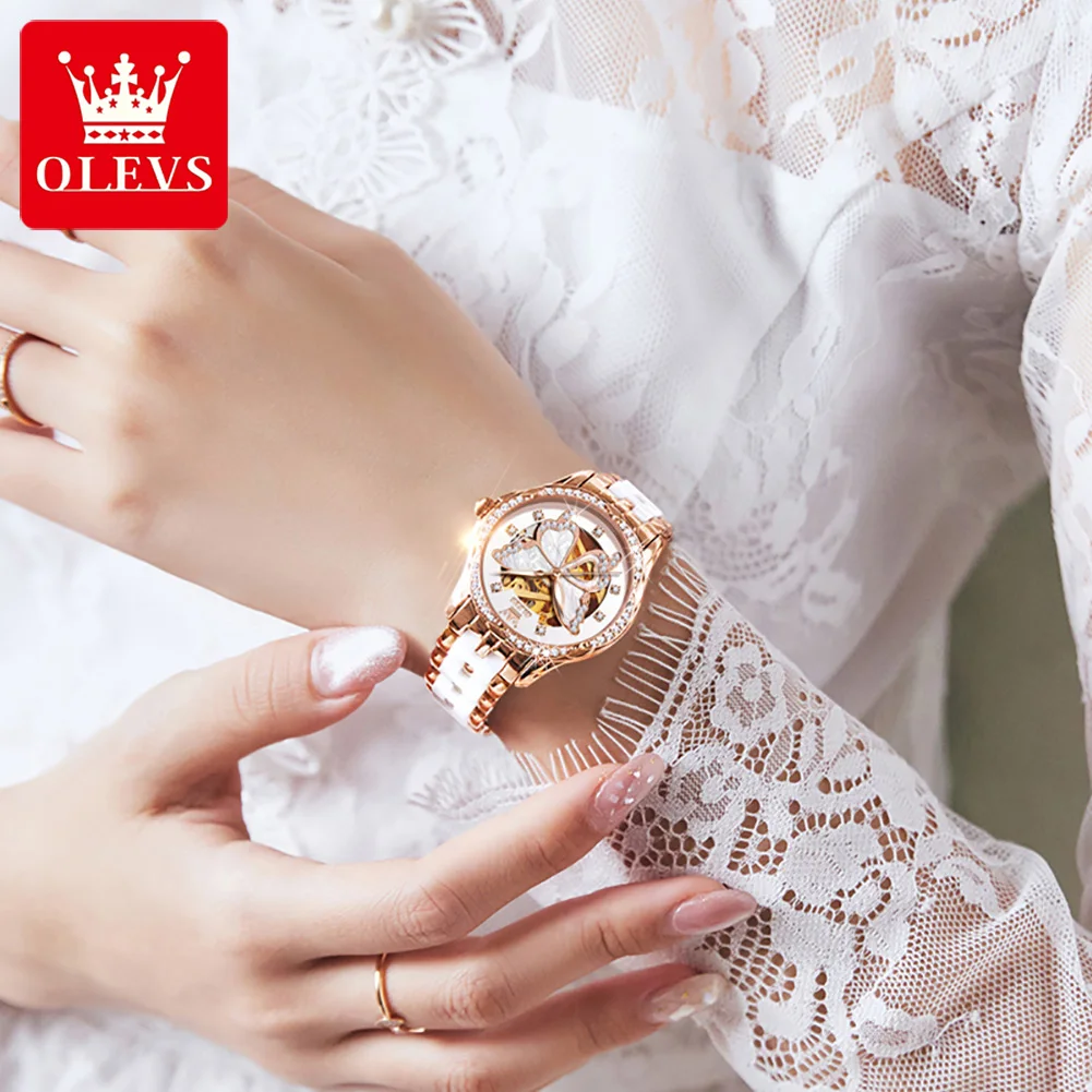 OLEVS-Relógio Mecânico Feminino, Relógio de Pulso, Pulseira de Couro Automático, Presente para Senhoras, Marca Top, Moda Suíça, Luxo