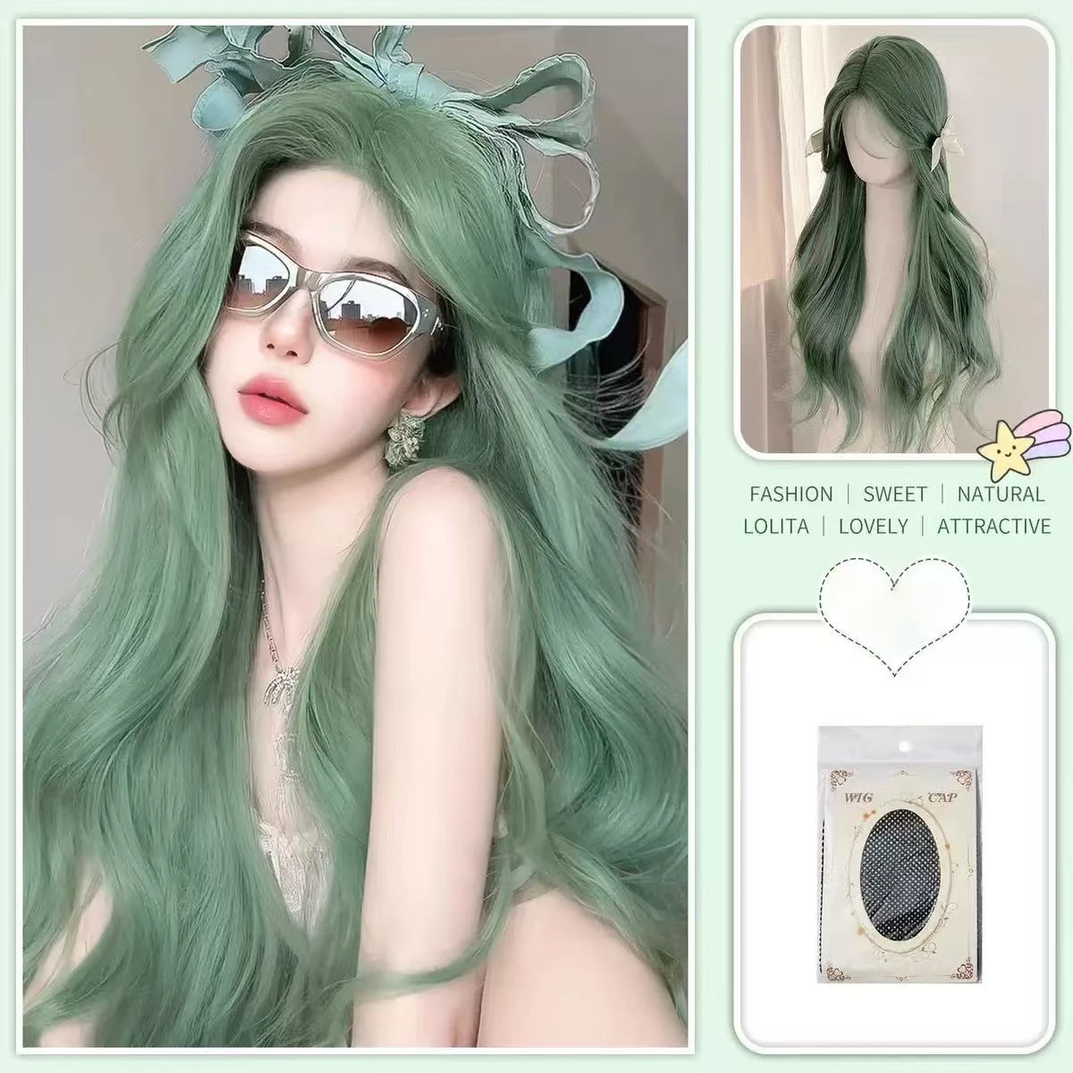

Mint Green Synthetic Wigs Wavy Long Curly Hair Natural Wig for Women Middle Part Wigs Cosplay Party Heat Resistant Fake Hair