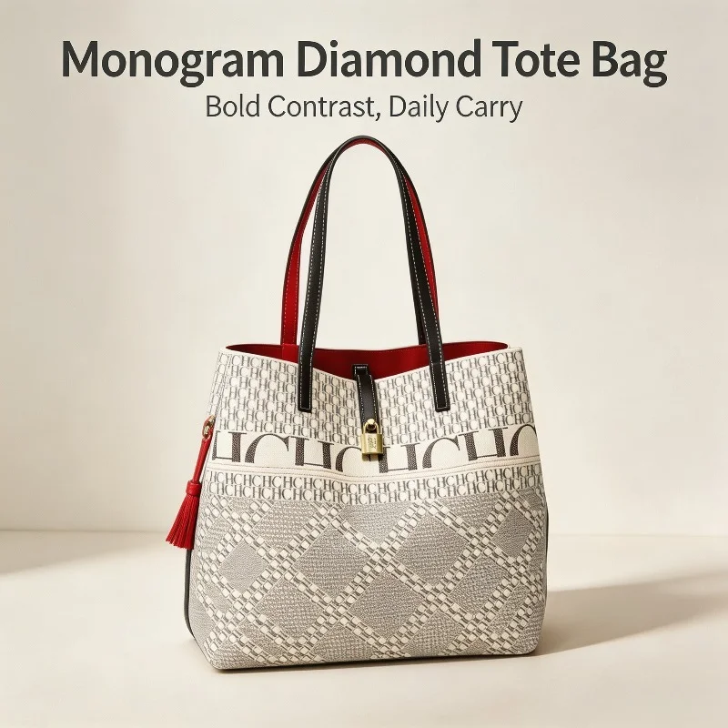 CHHC Women Letter Monogram Diamond Texture Tote Bag Faux Leather Metal Lock Decor Large Capacity Top Handle Shoulder Handbag