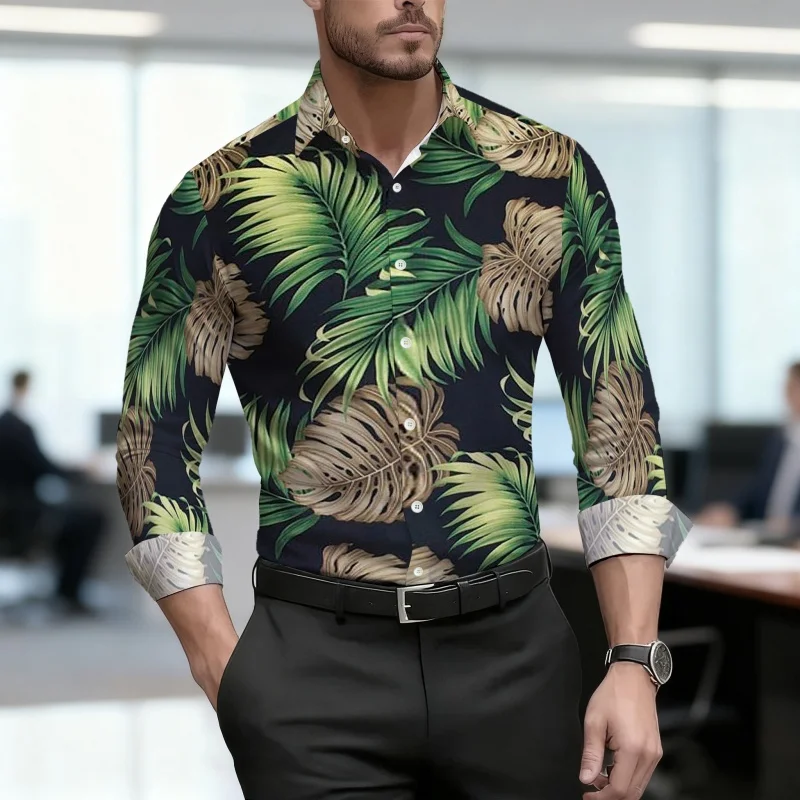 

Men's shirt retro plant print shirt Hawaiian style long sleeved shirt casual slim fit trend versatile top comfortable fabric
