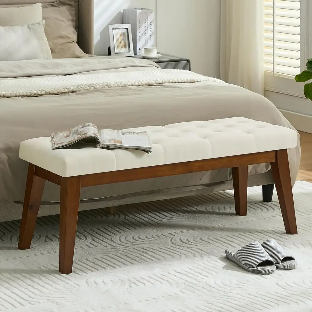 43.5'' Linen Bedroom Bench, Upholstered End o Bed Bench with Tuted Button, Padded Vintage Dining Bench, Entryway Bench