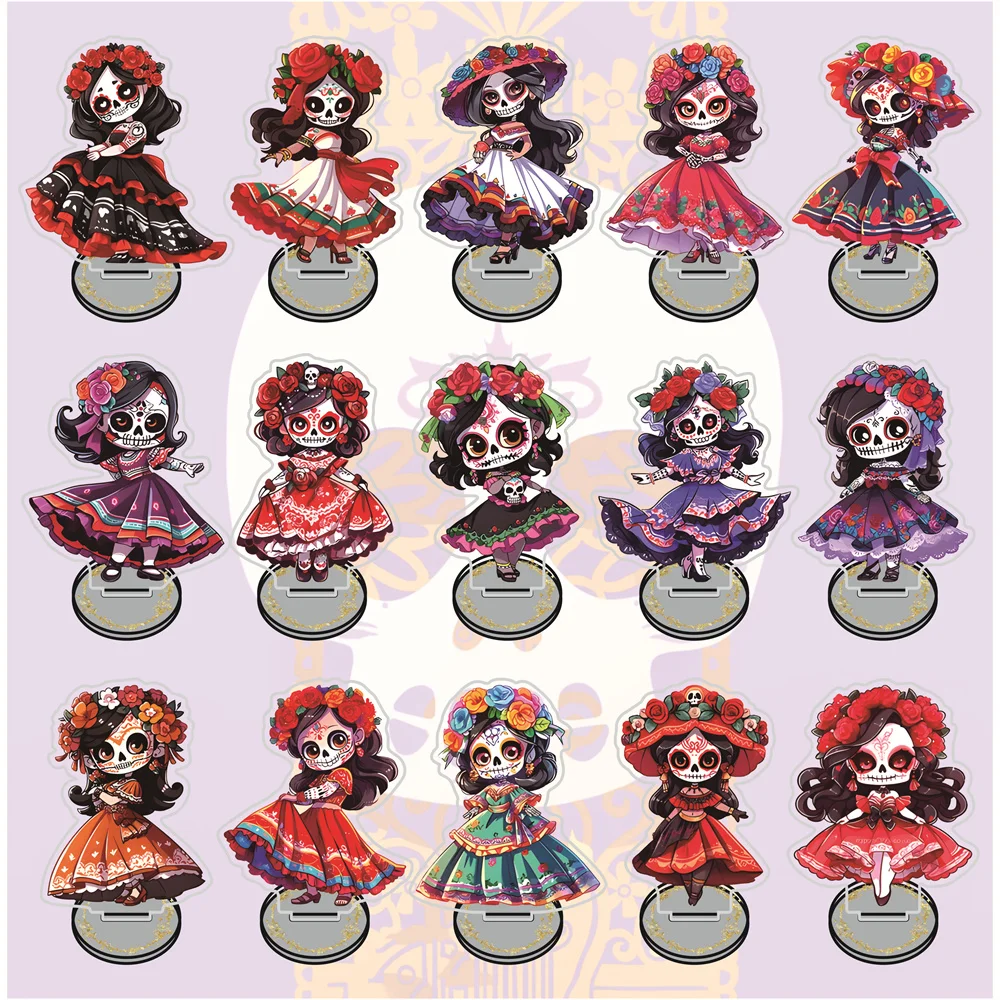 10cm Día de los Muertos Sugar Skull Chibi Acrylic Stand Figures Keychain Desktop Ornament Halloween & Day of the Dead Themed Gif