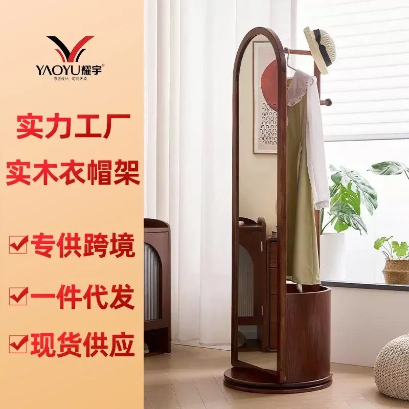Solid Wood Full Body Floor Mirror Rotatable Mobile Standing Mirror with Integrated Hanger for Bedroom Dressing Room Home