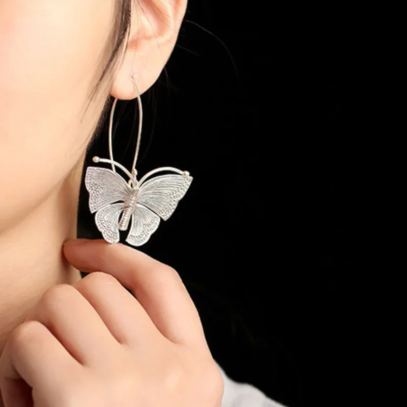 Pendientes de gota de mariposa grandes exagerados para mujer, Plata de Ley 100% 925 pura auténtica, Estilo Vintage hecho a mano