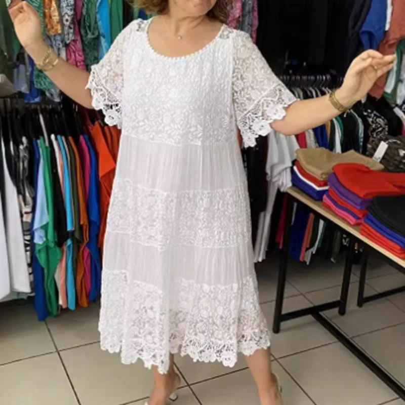

Women's Summer Beach White Dress Women's Casual Lace Patch Round Neck Short Sleeve Bohemian Loose Beach Long Dress Women's Dress