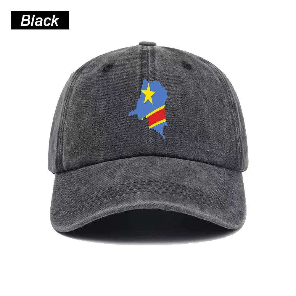 Vintage Washed Baseball Cap Democratic Republic Of Congo Flag Map Print Graphic Unisex Streetwear Casual Trucker Cotton Hat