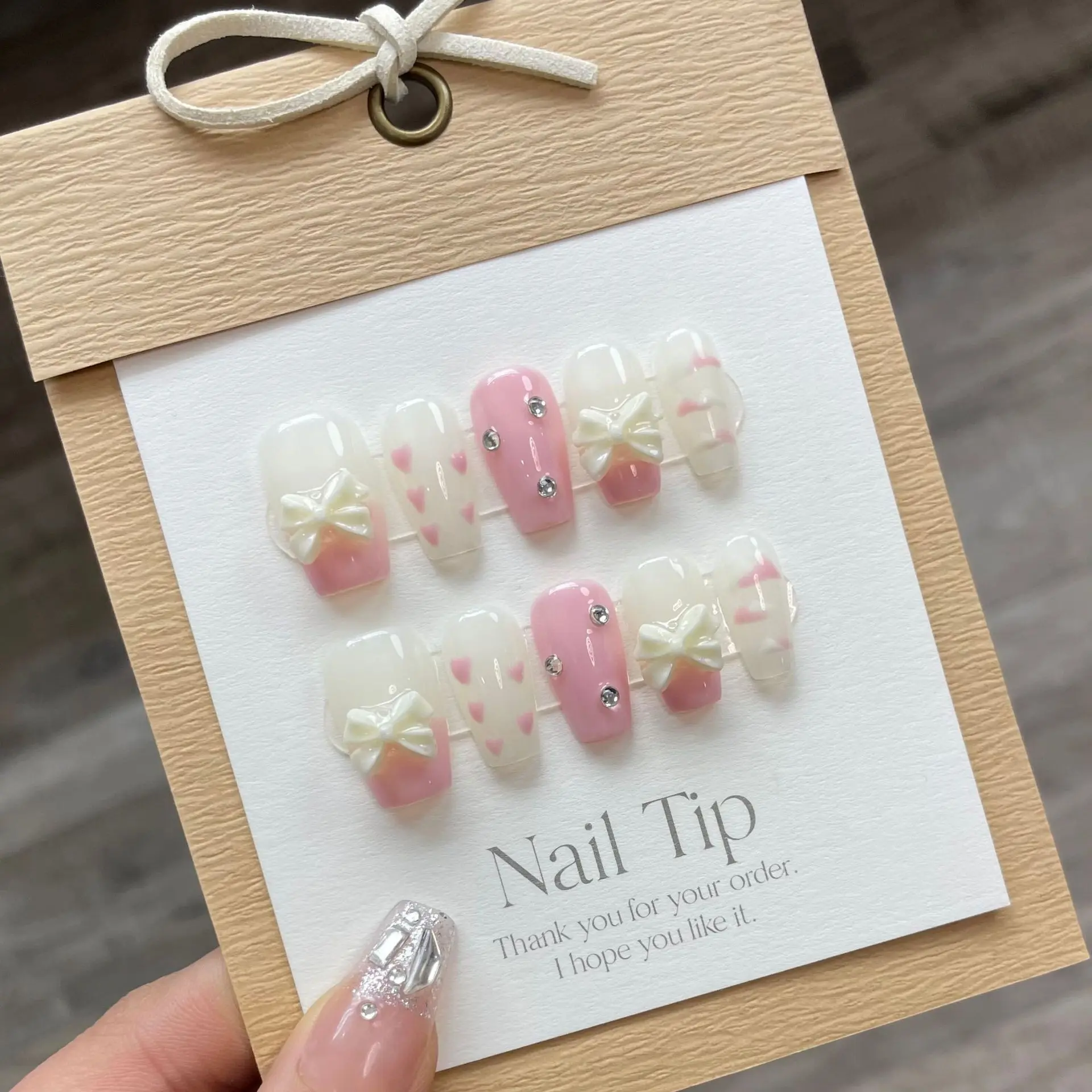 10Pcs Cute Handmade Press On Nails Full Cover Bow Design Pink Sweet Princess False Nails Artificial Manicure Wearable Nail Tips