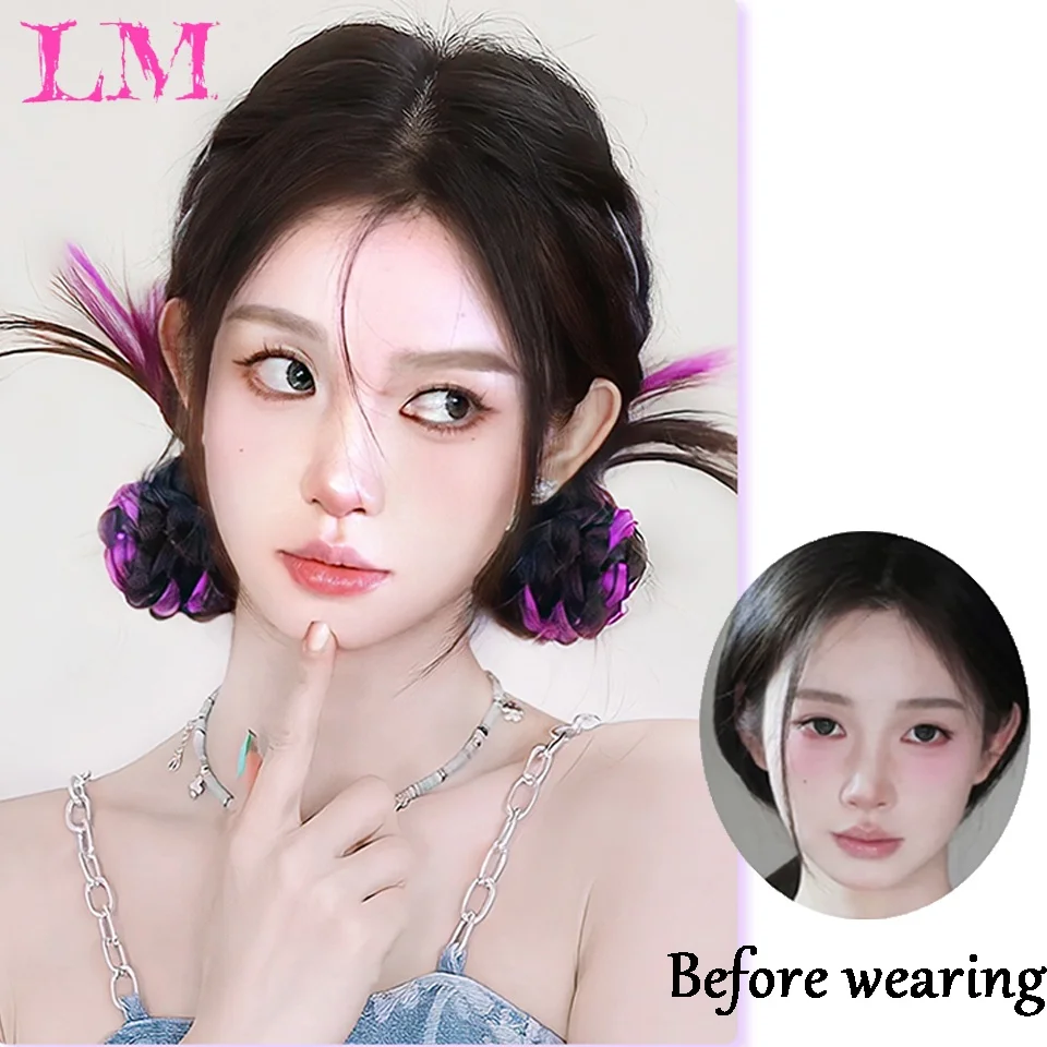 LM Black Purple Highlight Feather Braided Bun Claw Clip Synthetic Fake Hair Chignon Hair Piece for Y2K Girls Daily Styling