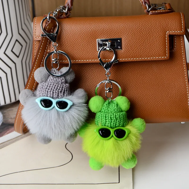 9 Color Mini Rex Rabbit Keychain Fluffy Key Chains Trinkets Pom Pom Keychain Trinket Pompons Keychains