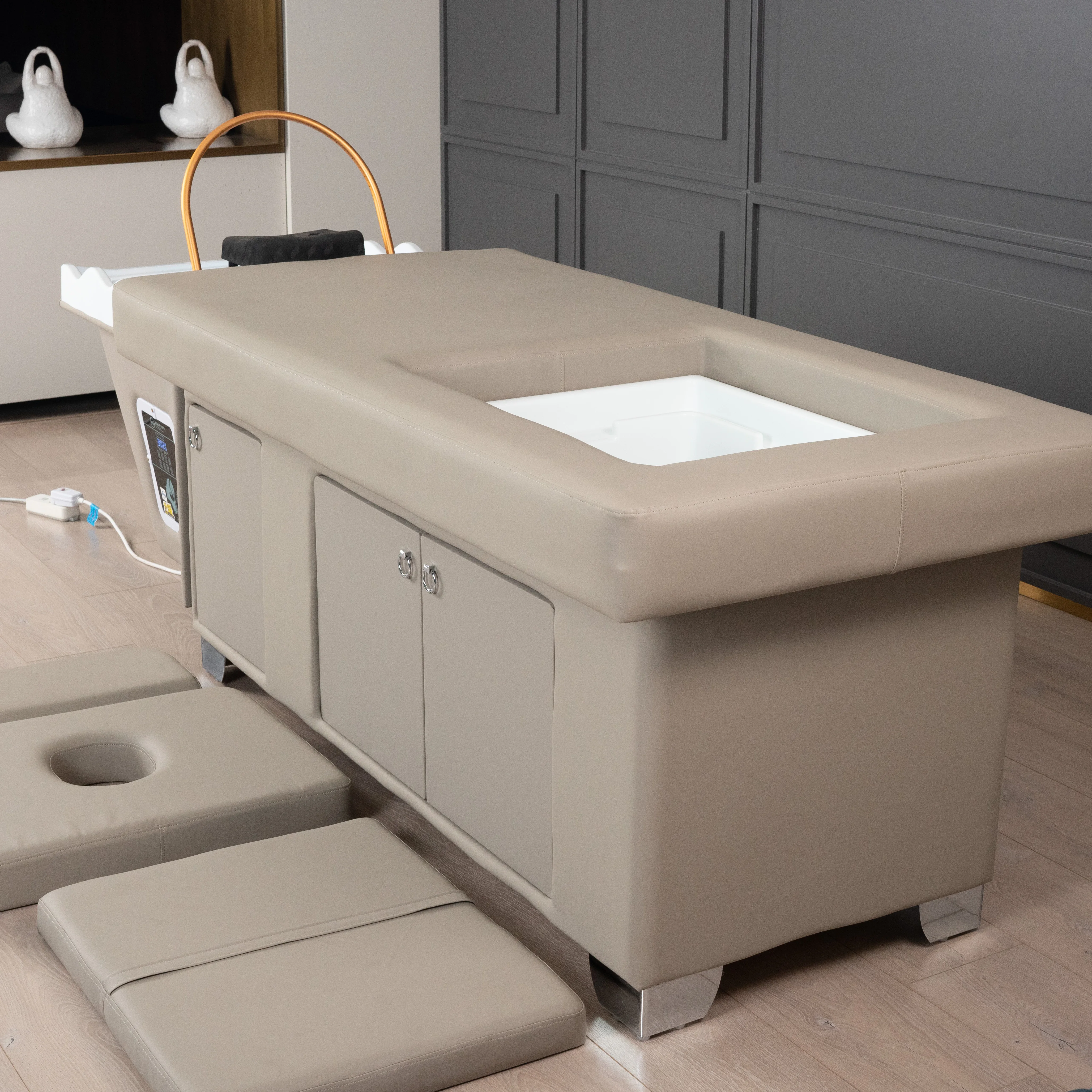 Latest Luxury Multifunction Barbershop Shampoo Chair Electric Hydraulic Lifting And Descending Washing Bed With Foot Spa Basin