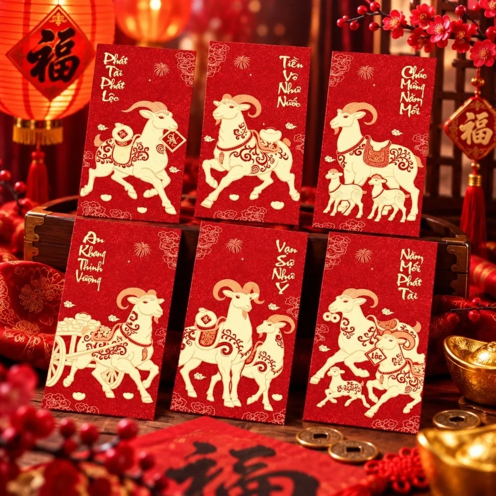 6PCS/Set Lucky Red Envelopes Gold Foil Design Vietnamese Cash Gift Envelopes Chinese Style New Year Blessing